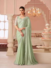 India Silk Mint Green Sarees With Silver Chiffon Shimmer Combine Rich Silk Texture With A Delicate